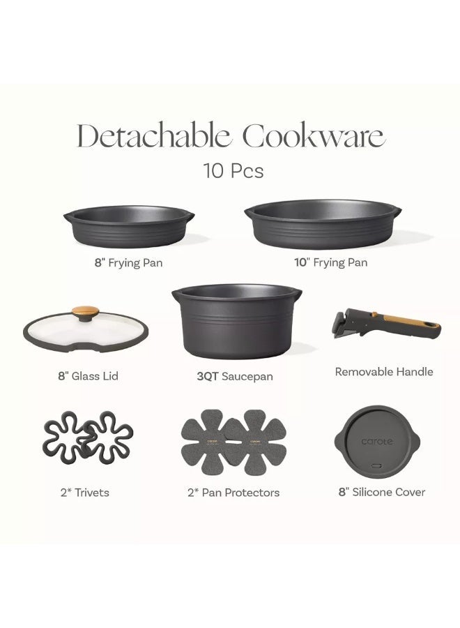 Carote 10-Piece Nonstick Cookware Set with Detachable Handle, Stackable Pots & Pans, PFOA-Free Aluminum Healthy Cooking Set with Pour Spouts, All Kitchen Stovetop Compatible, Dishwasher Safe (Black) - Image 2